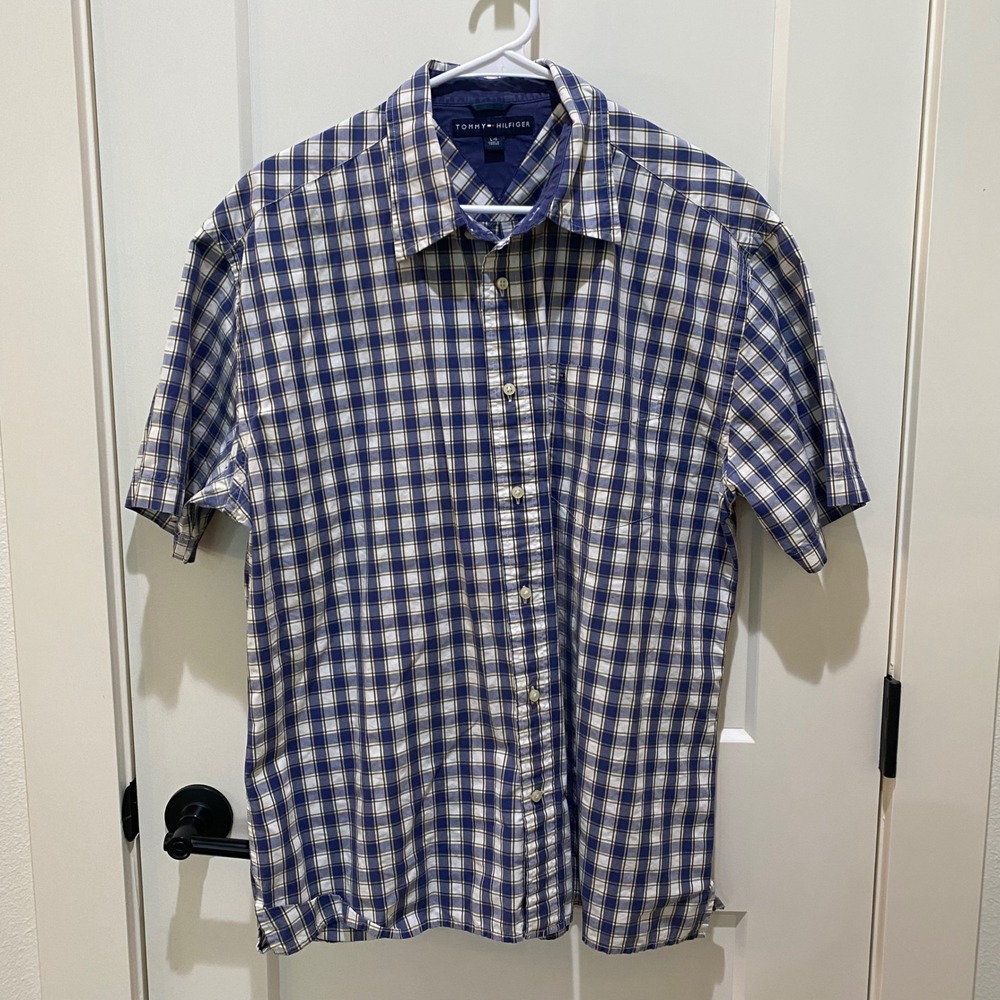 Tommy Hilfiger Mens Large Short Sleeve Plaid Button Down Shirt Navy Blue Yellow